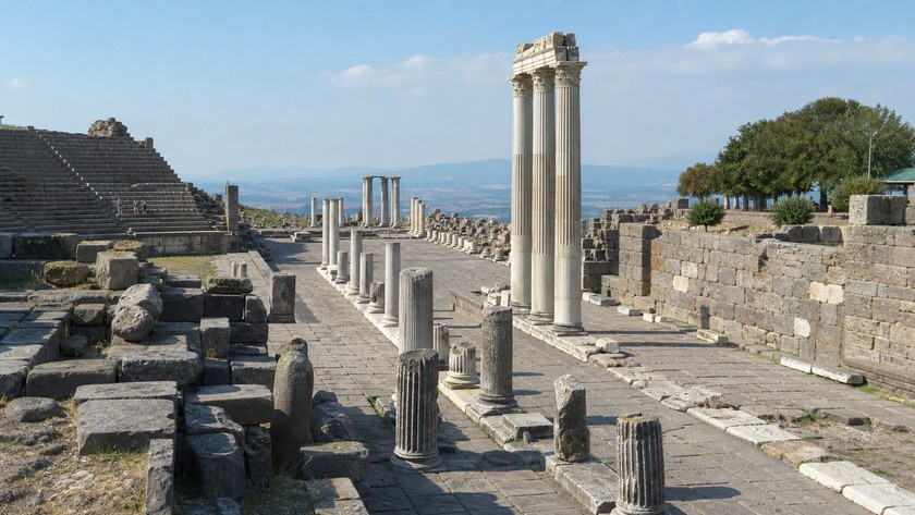 Asklepion Antik Kenti içinde taş kalıntılar ve sütunlar