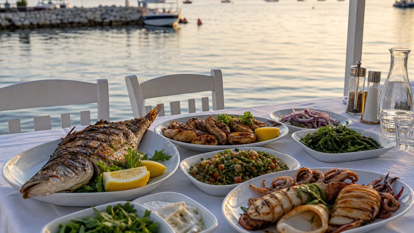 Urla İskele çevresinde deniz ürünleri ve meze masası